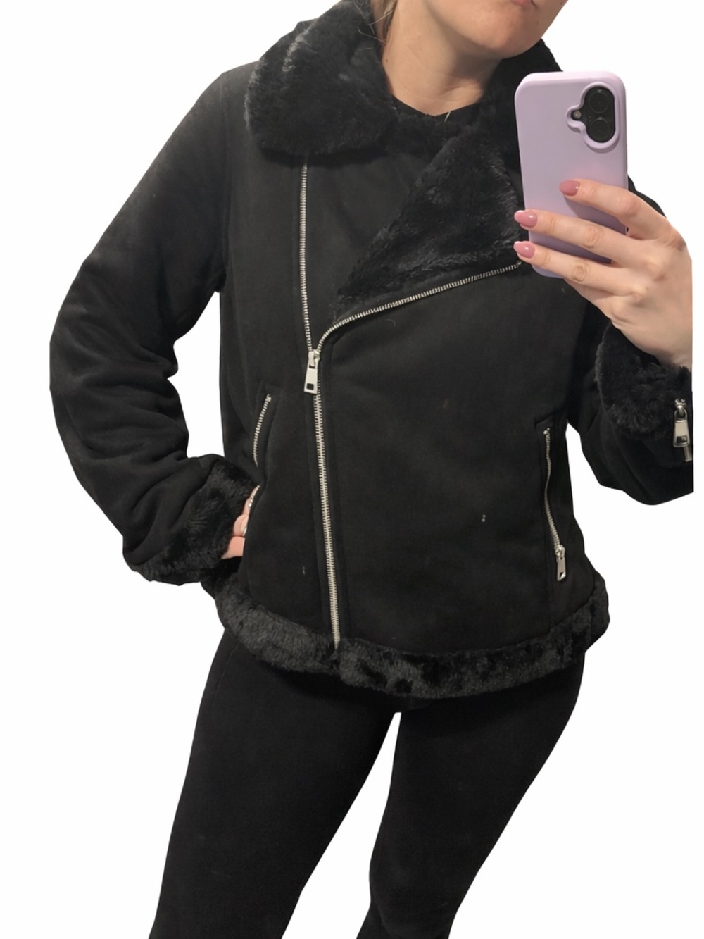 Banana Republic Black Faux Suede Moto Jacket – Size Small | Faux Fur Trim